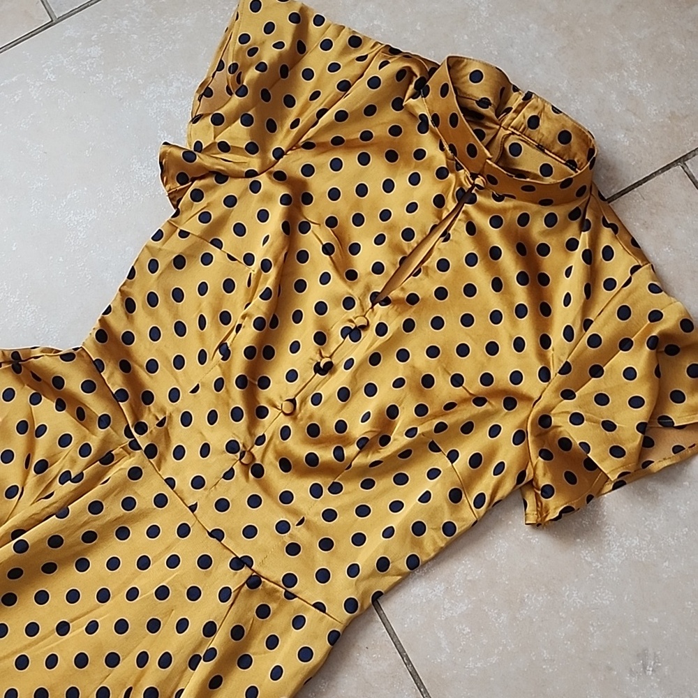 Unique Vintage Mustard Polka Dot Midi Dress Size 4. New No Tags - Picture 2 of 11